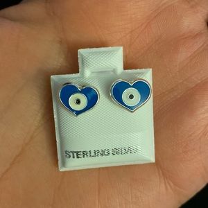 925 Sterling Silver Blue Evil Eye Heart Earring Studs